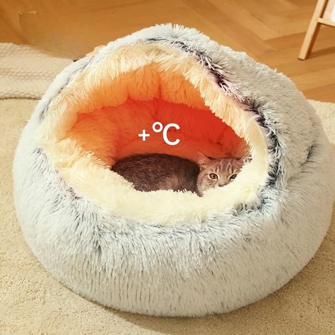 Plush Fluffy Dog and Cats Round Bed – Ultra-Soft Faux Fur Pet Shell Nest with Raised Bolster Edge, Self-Warming Calming Nest for Small to Large Pets (Gray, Large（26”）)