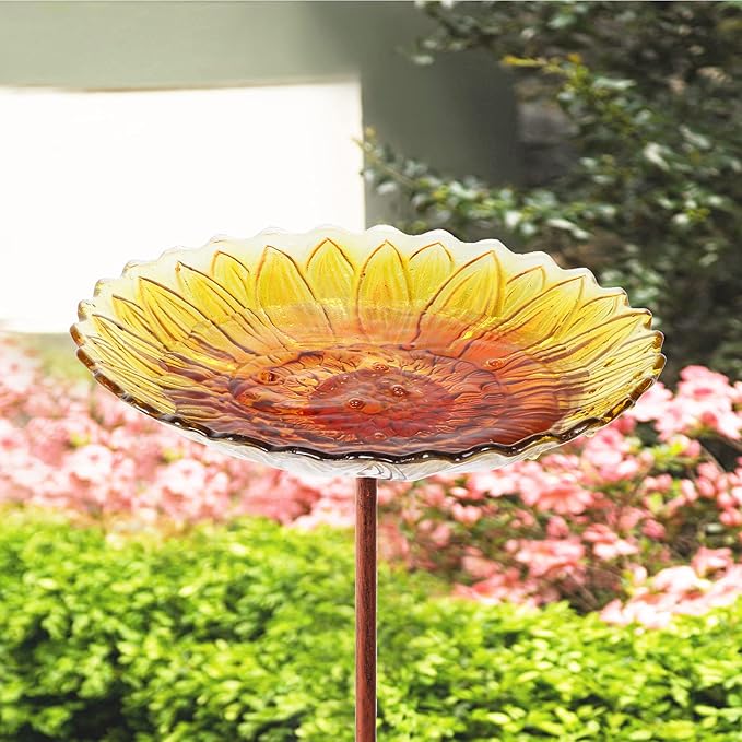 MUMTOP Glass Bird Bath, Garden Outdoor Birdbaths Birdfeeder with Metal Stake Sunflower