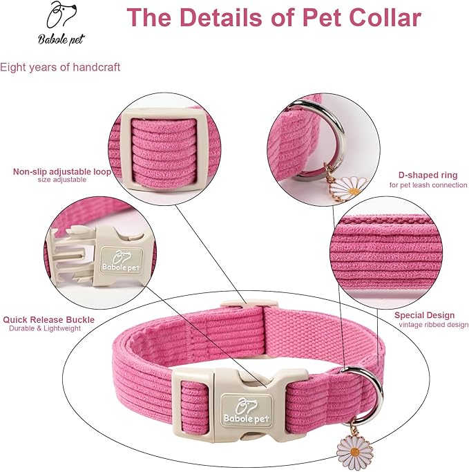 Cute Corduroy Dog Collar - Deep Rose Adjustable Dog Collars for X-Large Dogs 80+lbs, Fade-Proof with Secure Snap & Little Charm, Christmas Birthday Gift, XL