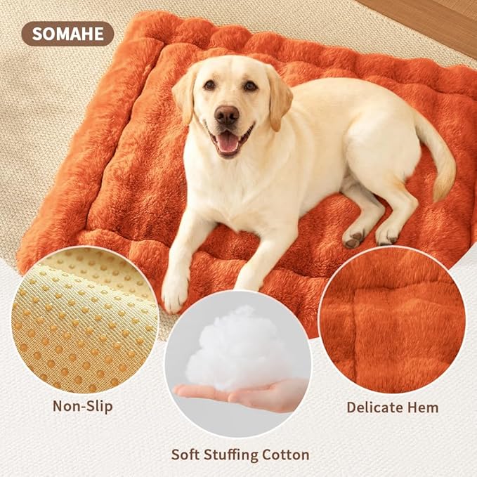 Self-Warming Dog Bed, Plush Faux Fur Mat with Anti-Slip Bottom, Ultra Soft Heated Pet Bed for Medium Large Dogs, Cozy Fluffy Pad for Carriers Couch Crate, Machine Washable, 35 x 27 Inch Orange