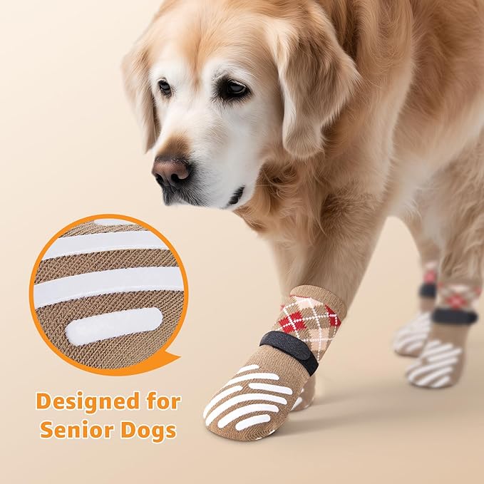 LOOBANI Dog Socks to Prevent Licking Paws - Dog Socks for Hardwood Floors Anti Slip for Traction Control - Dog Grippy Socks for Senior Dog Small Medium Large Dogs on Tile Floors, Caramel XL
