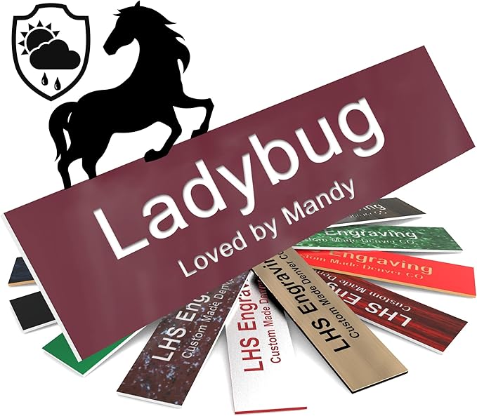 Horse Stall Name Plate, 2x6 Personalized Stall Signs, UV Protected, All Weather Adhesive, Hanging, Mounting or Other, Burgundy Plastic with White Letters - Made in USA - B26
