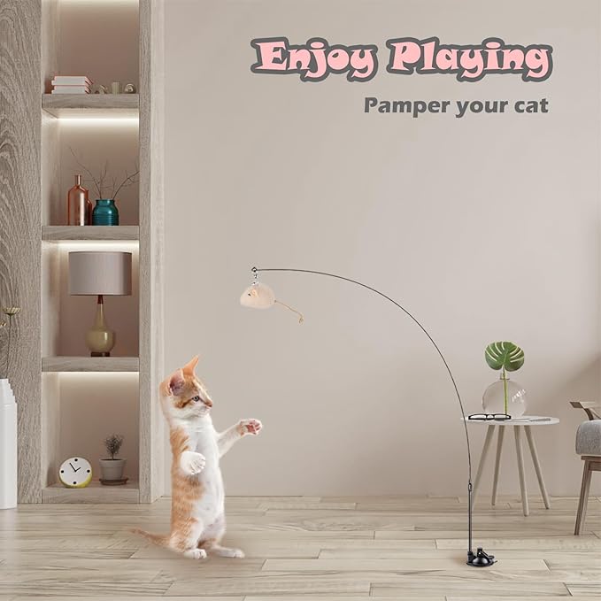 Cat Feather Toys, Interactive Cat Toy for Indoor Cats,Cat Wand Toys with 2 Suction Cup and 3 Wands, 3 in 1 Cat Toys for Bored Cats, Kitten Toy with Balls and Birds