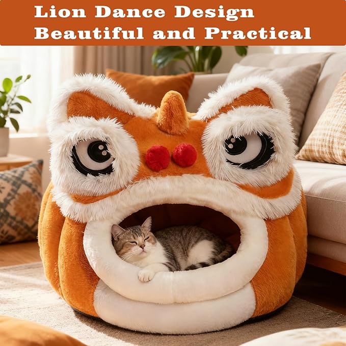 Cute Lion Head Pet Beds for Cats, Removable and Washable Winter Closed-Off Cat Bed, Soft Cozy Plush Cat House & Dog Cave with Cushion for Small Medium Cats Dogs, Semi-Enclosed Warm Nest (Brown, M)