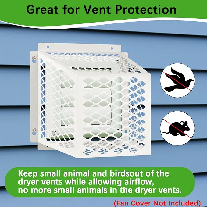 Dryer Vent Bird Guard,Dryer Vent Cover Guard for Most 5" to 6" Bathroom Exhaust Fan Ventilation Cover,8.5"Lx8.5"Wx6"H Steel Ventilation Bird Cage for Exhaust Fan Cover,White
