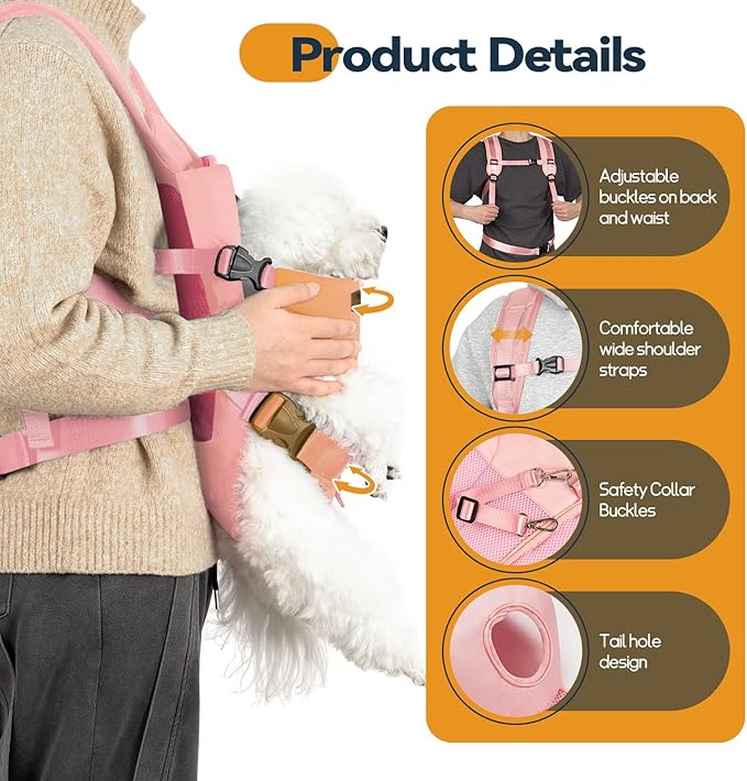 Pet Dog Front Carrier Backpacks, Legs Out Secure-Fit Dog Front Carrier for Small Dogs Up to 17 lbs, Adjustable Hands Free Pet Chest Carrier for Hiking Cycling (M, Pink)