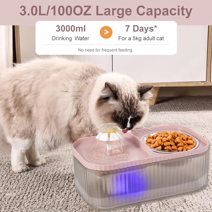 Marchul Cat Water Fountain and Stainless Steel Food Bowl, 100oz/3L Super Quiet Automatic Pet Water Dispenser with Smart Pump and 3 Replacement Filters for Cats and Small Dogs, Pink