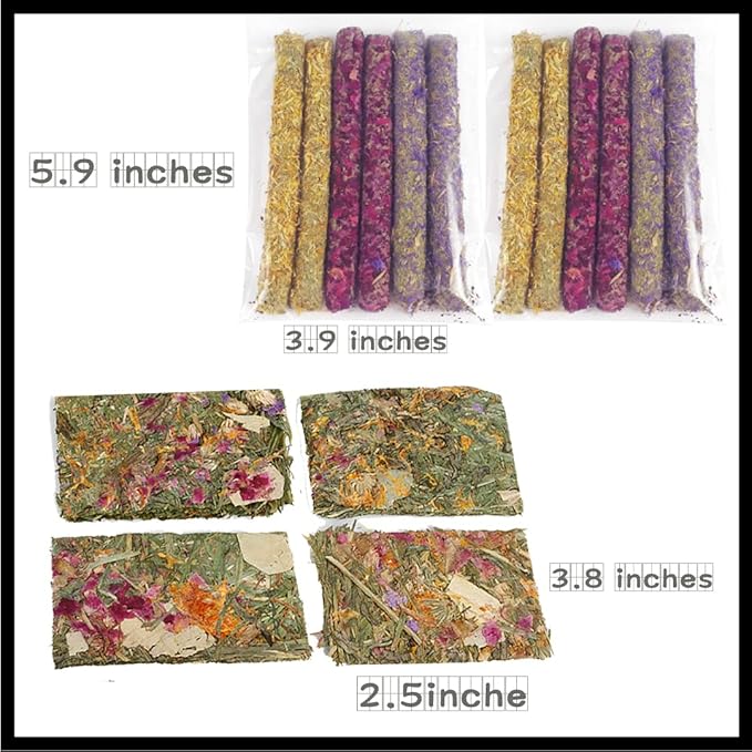 Abizoo 16 Packs Bunny Flower Chew Toys, Natural Rabbit Sticks + Herbal Floral Scent Timothy Hay Treats for Guinea Pig Chinchilla Hamster Rat Degus Gerbil Food Molar Cage Accessories Snack