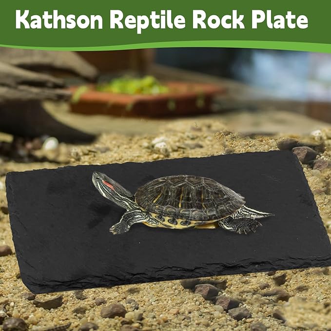 kathson 2 PCS Reptile Basking Platform (15.7 x 11.8 inches), Natural Rock Plate Turtle Food Bowl Feeding Dish Resting Terrace Habitat Decor for Tortoise Turtle Lizard Bearded Dragon Crested Gecko