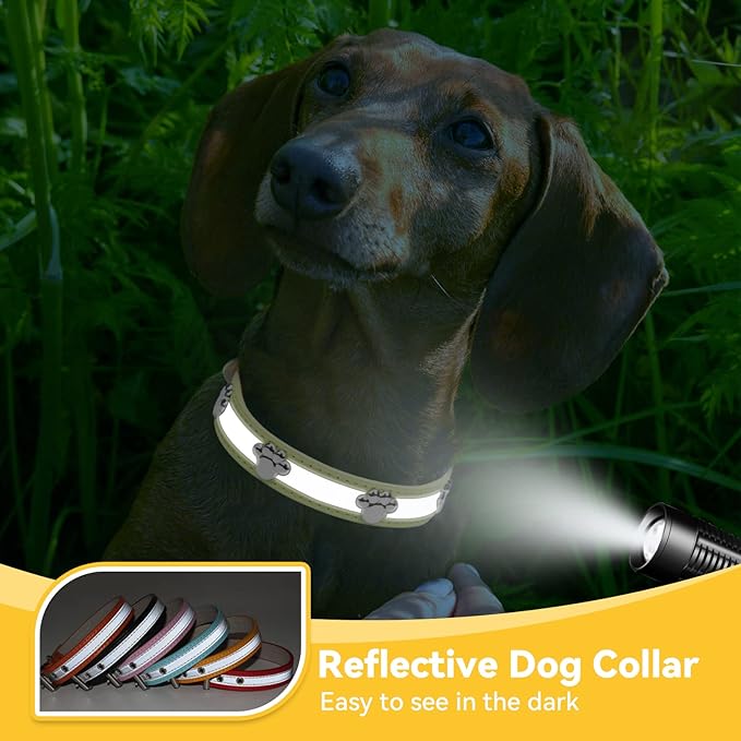 PETCARE Reflective Dog Collar with Cute Paw Rivet Studded Funny Soft PU Leather Adjustable Puppy Dog Collars for Small Medium Large Dogs Cats (Yellow,Small)