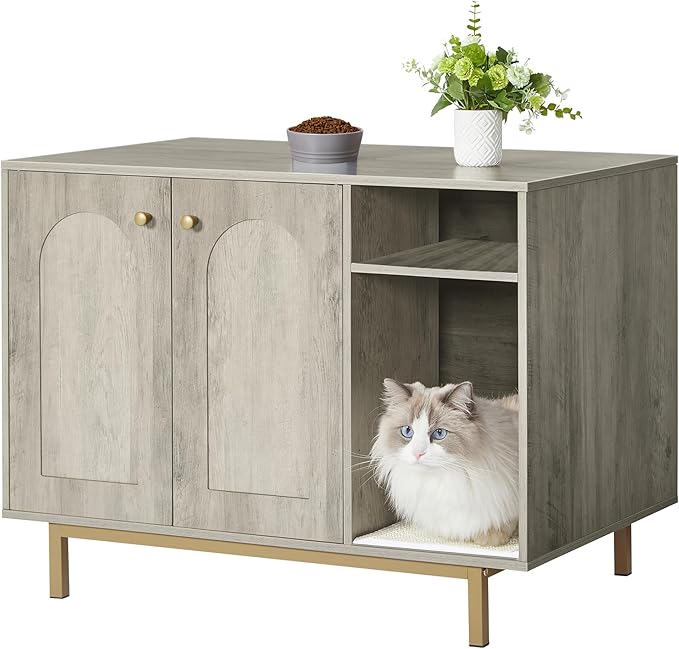 Cat Litter Box Enclosure Enclosed, Hidden Litter Box Cabinet Furniture with Storage, Wooden Indoor Cat House Large, Modern End Table for Living Room Entryway, Greige and Gold CB01505G
