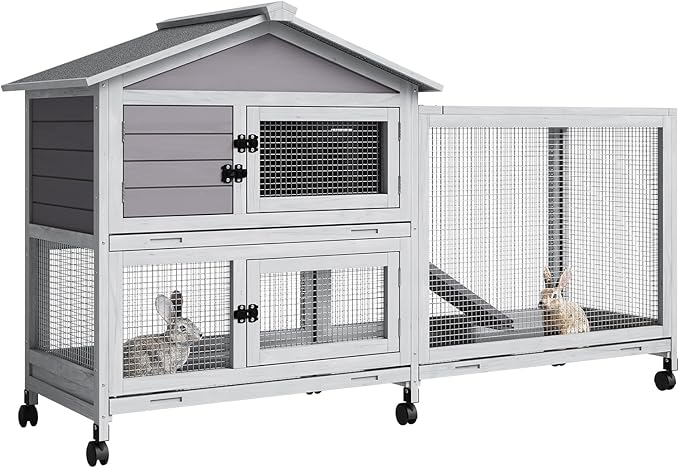 Rabbit Hutch with Ramp & Waterproof Roof, Bunny Cage for Indoor/Outdoor, 2-Story Design, Rabbit Cage with 6 Lockable Caster Wheels & Three Pull-Out Trays (Grey)