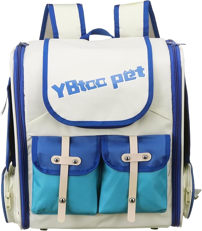 Pet Backpack Carrier, Portable and Ventilated, Oxford Cloth, Dogs Cats and Small Animals Travel Bag 13.39", (Beige, White, Blue, 1 Pcs), Intended for Hiking/Camping/Traveling