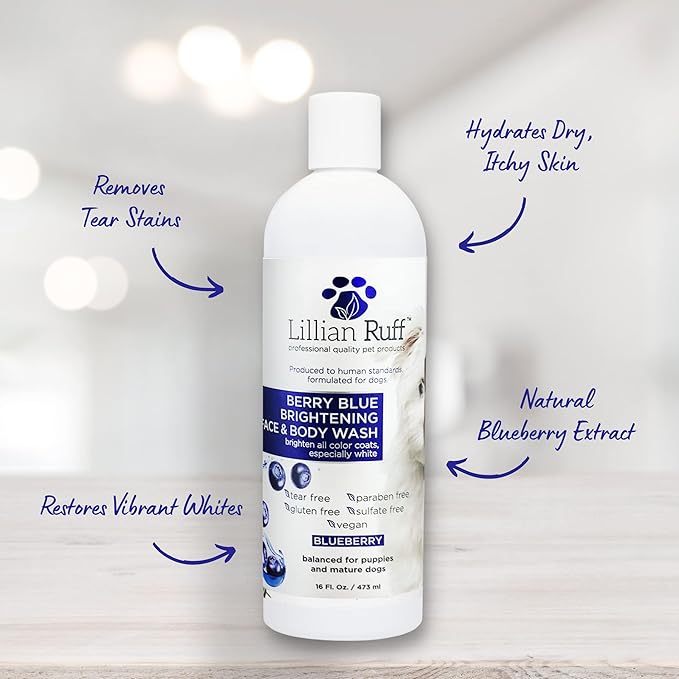 Lillian Ruff PRO Formula Berry Blue Brightening Dog Shampoo & Conditioner Set - Professional Show-Quality Whitening, Stain & Odor Eliminator, Hydrating Relief for Dry Skin, ProVitamin B5, USA Made