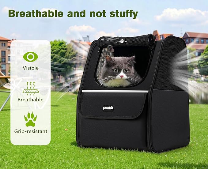 Pecute Cat Backpack Carrier, Expandable Cat Backpack for Cats Dogs up to 11 lbs, Pet Travel Backpack for Small Dogs Medium Cats, Cat Carrier with Ventilated Mesh, Safety Leash, Hiking Outdoor, Black