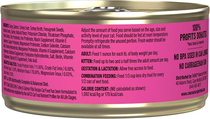 Rawz Natural Premium Pate Canned Cat Wet Food - Made with Real Meat Ingredients No BPA or Gums - 5.5oz Cans 24 Count (Turkey & Salmon)