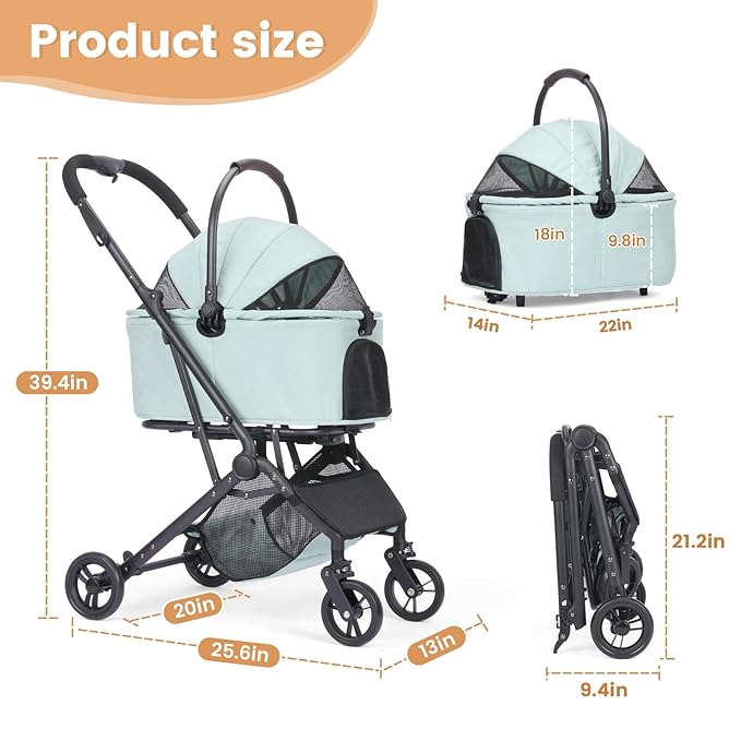 Wdyvko 3 in 1 Dog Stroller, Upgraded Frame, Up to 44lbs Pet Stroller with Dog Poop Bags & Dispenser, Zipperless Entry, Storage Basket & Pouch for Small Dogs Cats (Teal Blue)