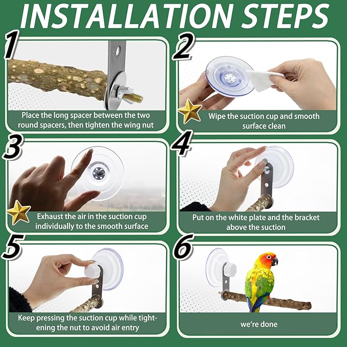 2 Pcs Natural Bird Perch Stand with Suction Cup Window Birds Perch for Window Mirror Car Shower Ceramic Tiles Bath Wood Training Perch, for Bird, Cockatoo, Macaw, Parakeet