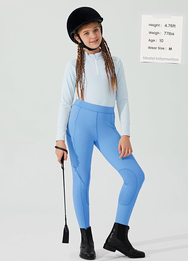 Willit Girls Horse Riding Pants Tights Kids Equestrian Breeches Knee-Patch Youth Schooling Tights Zipper Pockets