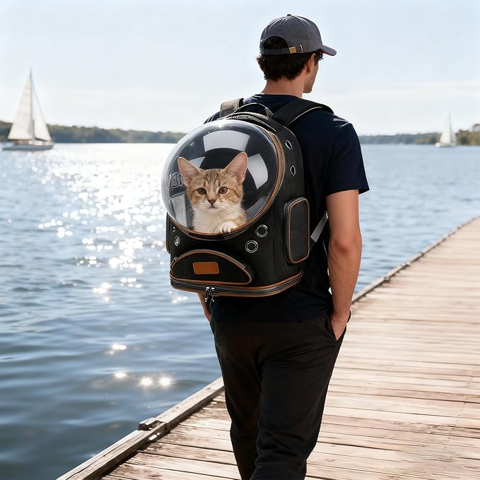 Cat Backpack Carrier, Breathable Pet Carrier Backpack Large Space Bubble for Small Dog and Large cat up to 18lbs, Transparent & Foldable Pet Carrier for Travel Hiking (Black)