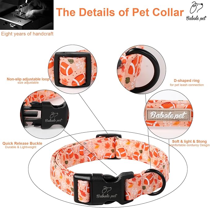 Fall Dog Collar, Cute Football Pattern Puppy Collar, Orange Adjustable Cotton Holiday Tanksgiving Dog Collars for Small Medium Large Boy&Girl Dogs L
