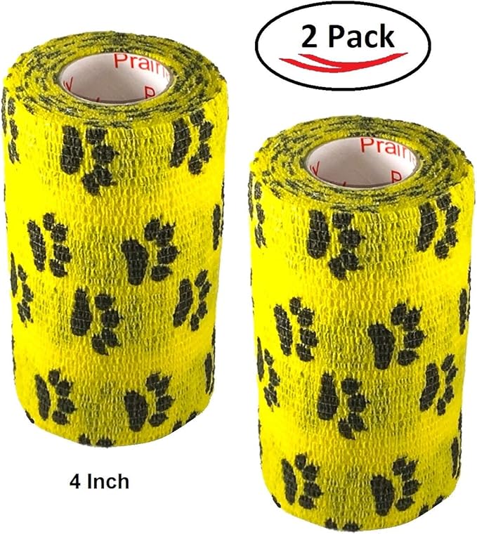 Vet Wrap Wrap Tape (Yellow with Paw Prints) (2 Pack) (3 Inch x 15 feet) Self Adhesive Adherent Adhering Cohesive Flex Self Stick Bandage Grip Roll Dog Cat Pet Horse