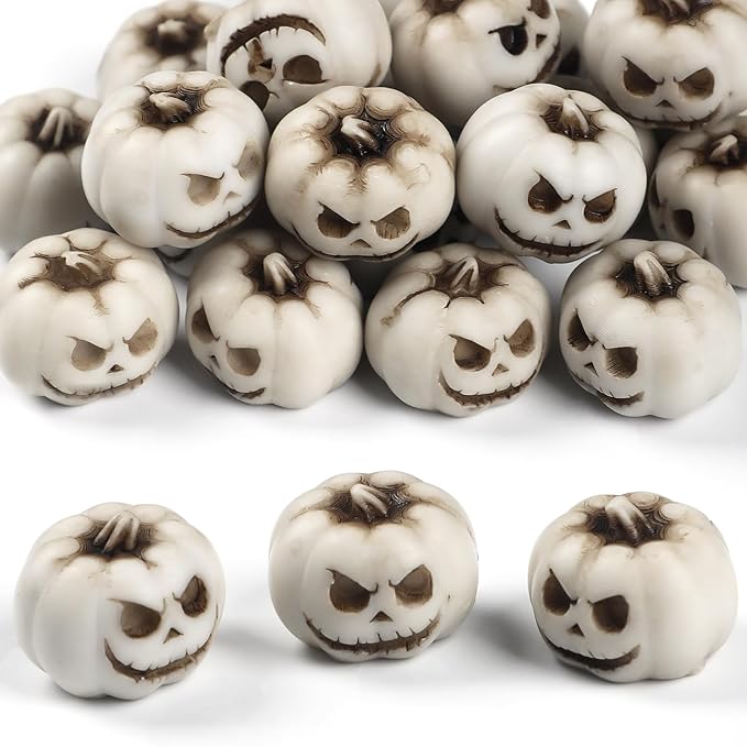 Uniclife 20 Pcs Halloween Mini Pumpkin Decorations, Halloween Fish Tank Decor, Spooky Smiling Face Mini Pumpkins, Jack-O'-Lantern Miniature Vase Fillers, White Resin Artificial Figurines