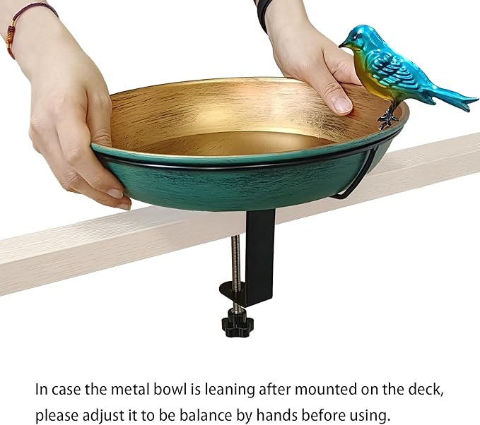 Deck Bird Bath for Outdoors, 11" Green/Bronze Metal Birdbath Bowl with Big Steel Clamp Backyard Birdbath&Bird Feeder for Railing Balcony Fence Yard Art Garden Decor