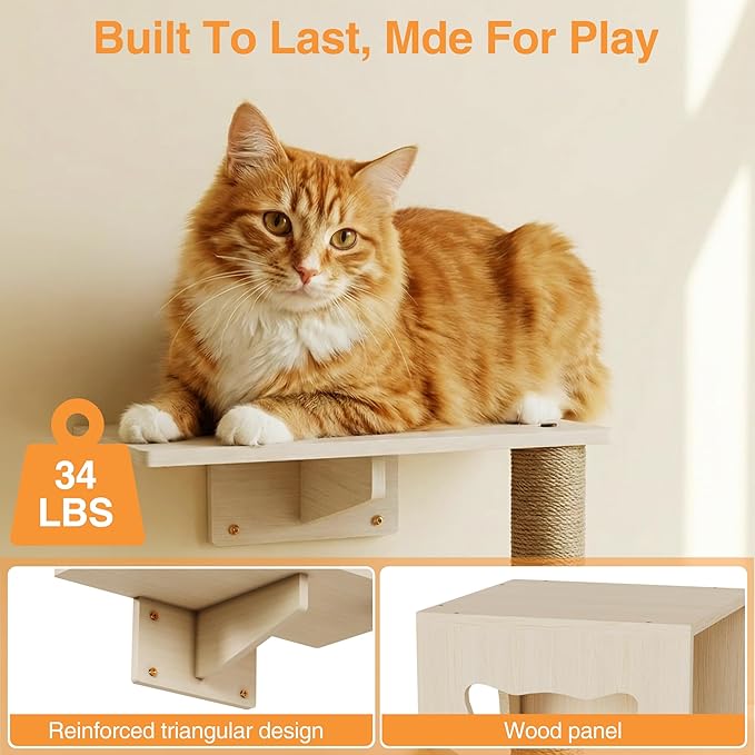 Cat Wall Shelves, Modern Wall-Mounted Cat Furniture Includes House, Bridge, Steps, Scratcher, Perch & Lounge for Indoor Cats, Space-Saving Wall Mounted Cat Shelves for Play & Rest