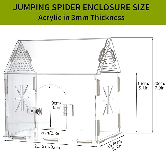 Jumping Spider Enclosure, Acrylic Terrarium for Praying Mantis, Small Tarantula Enclosure with Front Door, Versatile Reptile Habitat for Lizard, Snails, Gecko, Farmhouse Barn Shape 8.6"L*5.4"W*7.9"H