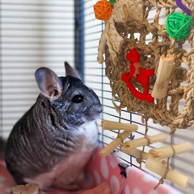 Rabbits Chew Toy,Bunny Cage Hanging Chew Toys and Treats,Grass with Sweet Bamboo for Guinea Pigs Chinchillas Hamsters Rats
