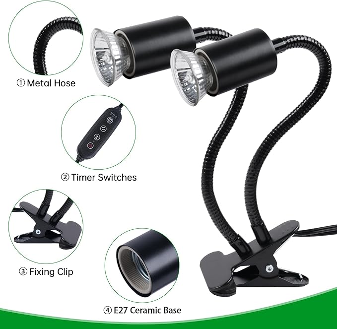 LUCKY HERP Reptile Heat Lamp, Dual Head UVA UVB Reptile Light with Cycle Timer, 360°Rotatable Dimmable Aquarium Turtle Tank Basking Light with 4 Bulbs (2PCS 25W and 2PCS 50W)