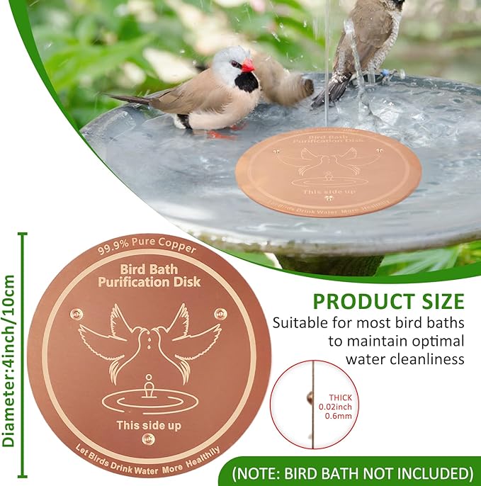 Bird Bath Copper Disk, 0.6mm Thick 99.99% Pure Copper Purification Disk with Triple-Point Support, Safe Physical Cleaning for Outdoor Birdbaths, Bowls, All-Season Universal Fit
