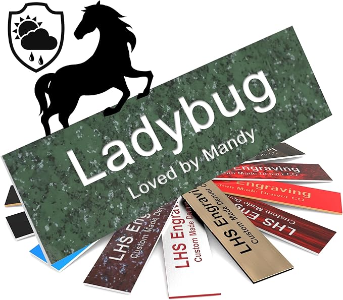 Horse Stall Name Plate, 2x10 Personalized Stall Signs, UV Protected, All Weather Adhesive, Hanging, Mounting or Other, Green Marble Pattern Plastic White Letters - Made in USA - S4