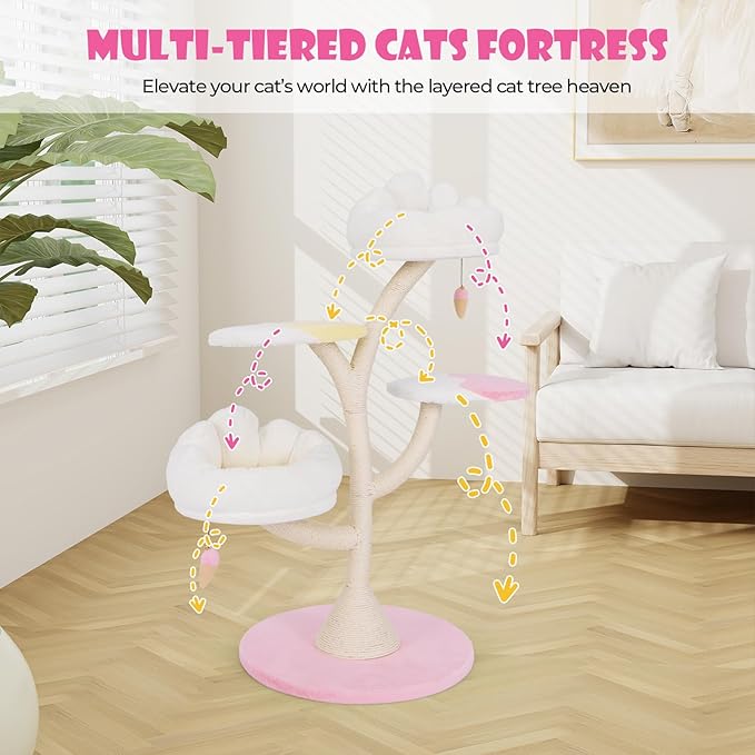 Tangkula 48.5 Inch Cute Cat Tree, Multi-Layer Cat Tower with Sisal Covered Scratching Posts, 2 Padded Perches, 2 Platforms, Ice Cream-Shaped Dangling Balls, Cat Activity Center for Indoor Cats