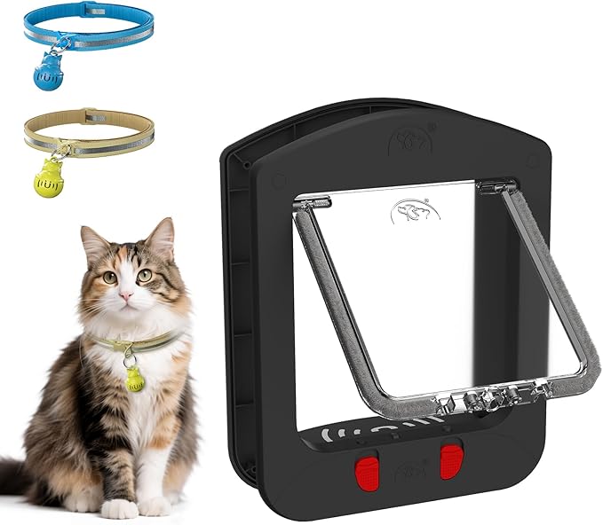 [ALUMANI] Cat Door for Interior Door and Exterior Door, 4 Way Locking Cat Door with Magnetic Flap, Collar Activated Pet Door, 2pcs of Cat Magnetic Collars, Black