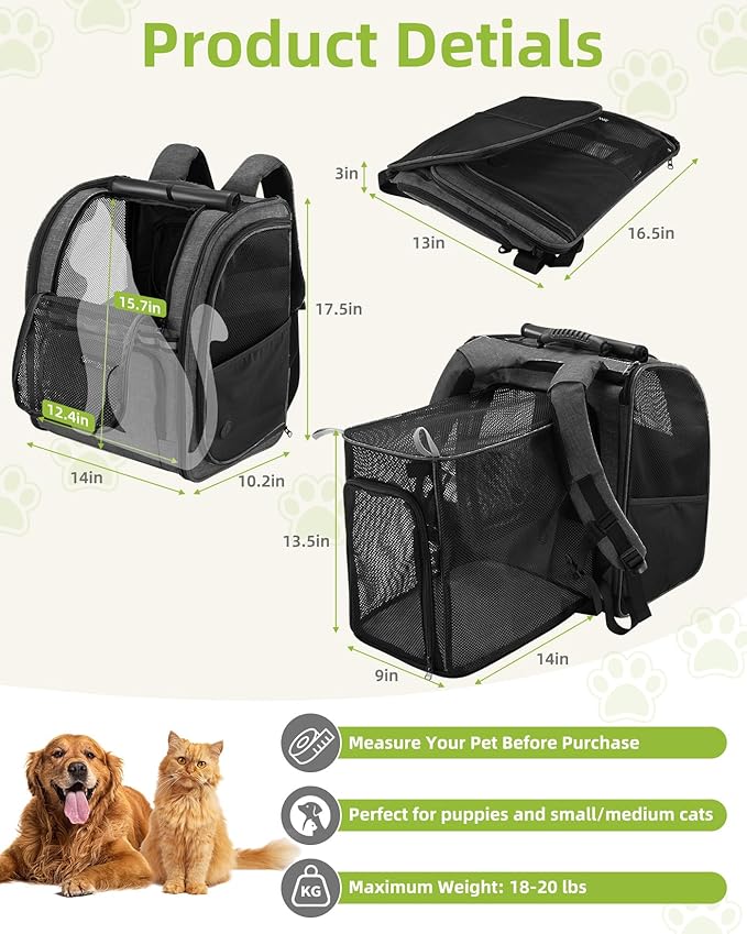 Expandable Cat Carrier Backpacks with Breathable Mesh, Pet Carrier Backpack for Cats Small Dogs Puppies Up to 20 Lbs, Dog Carrier Backpack Great for Travel/Hiking/Camping/Outdoor-Khaki