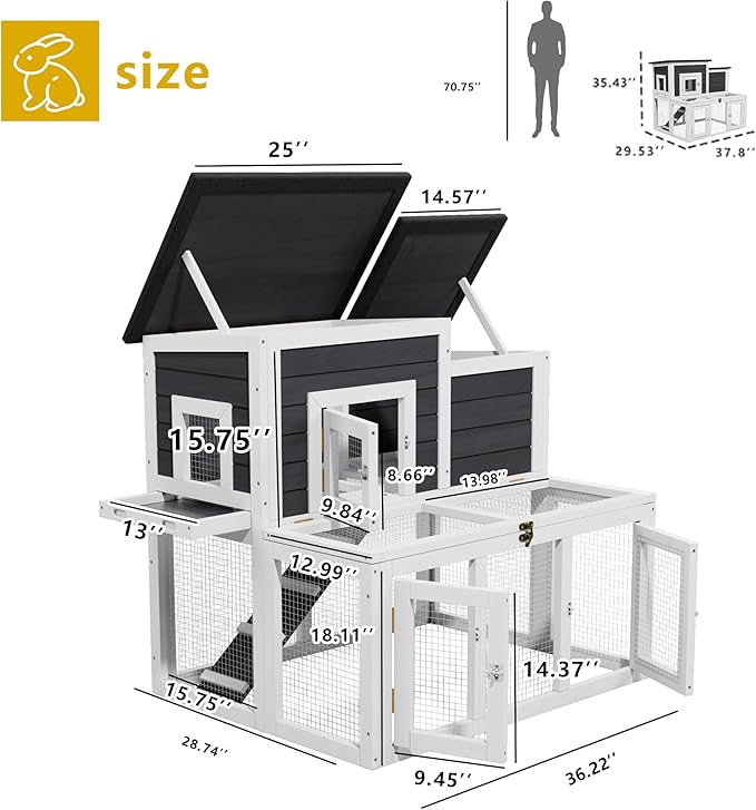 Outdoor Bunny Cage 2-Tier Rabbit Hutch & Chicken Coop with Wire Run, Wooden Poultry House with Pull-Out Tray, Waterproof Rabbit Hutch for Outside (White & Black)