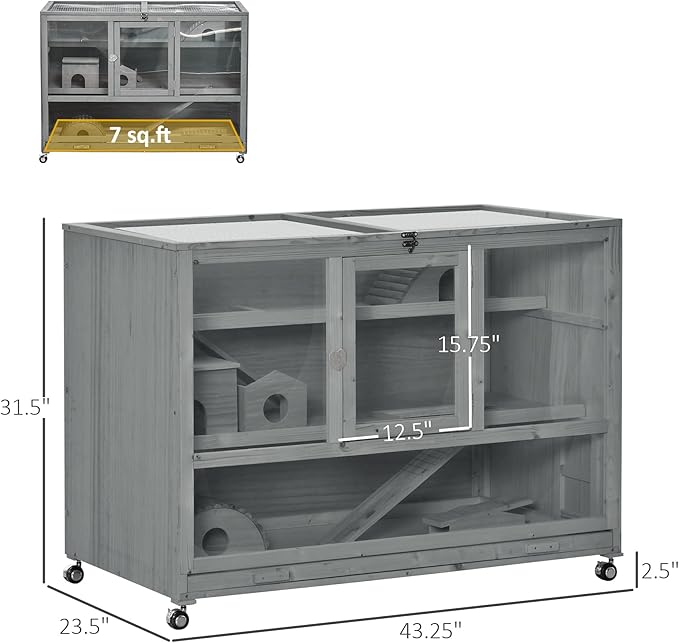 PawHut Wooden Large Hamster Cage with Seesaw and Wheels, Small Animal Cage and Habitat, 3-Tier Hamster Habitat with Ladder, Dark Grey