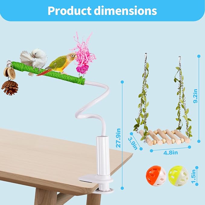 Bird Perch Stand with Swing, Desktop Bird Toy & Stand for Interacting, Interactive Playground for Sun Conure, Lovebirds, Conure, Budgie, Cockatiel - Non-Slip Adjustable Perch