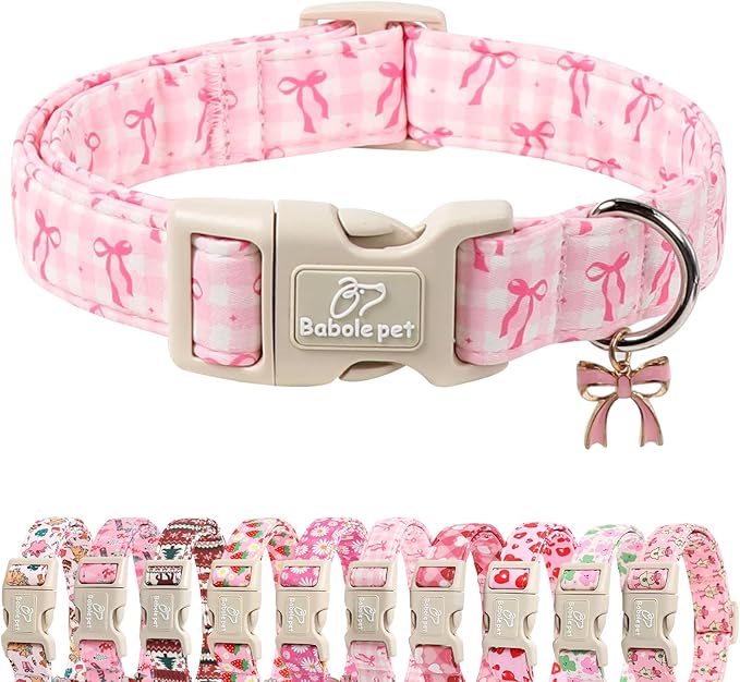 Girl Dog Collar for Puppy Small Dogs - Cute Pink Plaid & Bow Print Spring/Summer Puppy Collar, Soft Adjustable Holiday Female Dog Collars with Quick Release Buckle XS