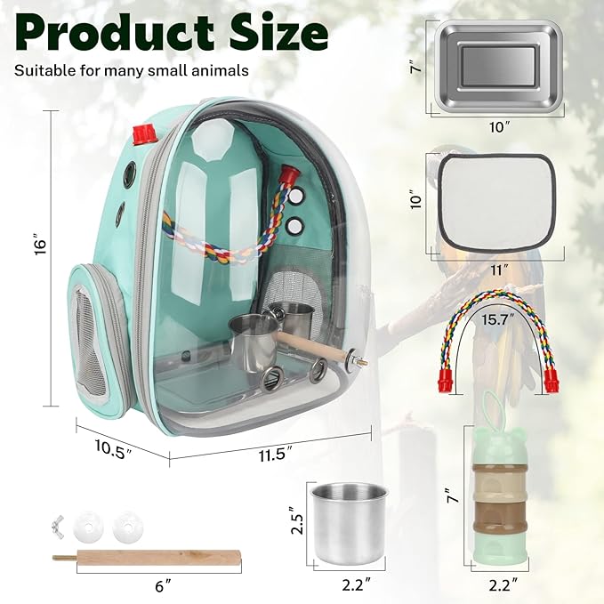 Rypet Bird Carrier Backpack Parrot Portable Breathable Bag Pet Bird Lightweight Travel Cage with Standing Perch and Stainless Steel Tray（Mint Green）