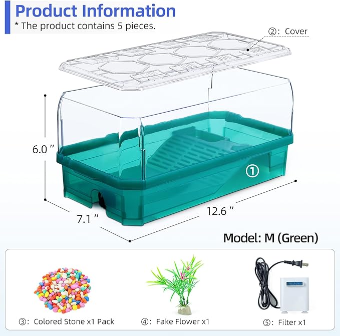 Turtle cage Tortoise Terrarium with Pump＆Filter with Shower Function Easy to Change Water and Clean Water for Turtle Horned Frog Hermit Crab (Green, Medium)