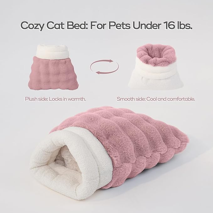 Cat Sleeping Bag for Indoor Cats Self Warming Cat Bed Fits up to 15 lbs Pets Soft Plush Warm Bed 360° Wrap Bag Washable Comfortable Pet Sleeping Bed 21" × 17" Pink