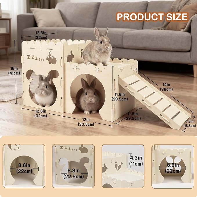 Large Rabbit Castles,Bunny Castle,Wooden Bunny House,Detachable Hamster Hideaway, Indoor Guinea Pig Castle with Ramp, Small Animal Houses & Habitats