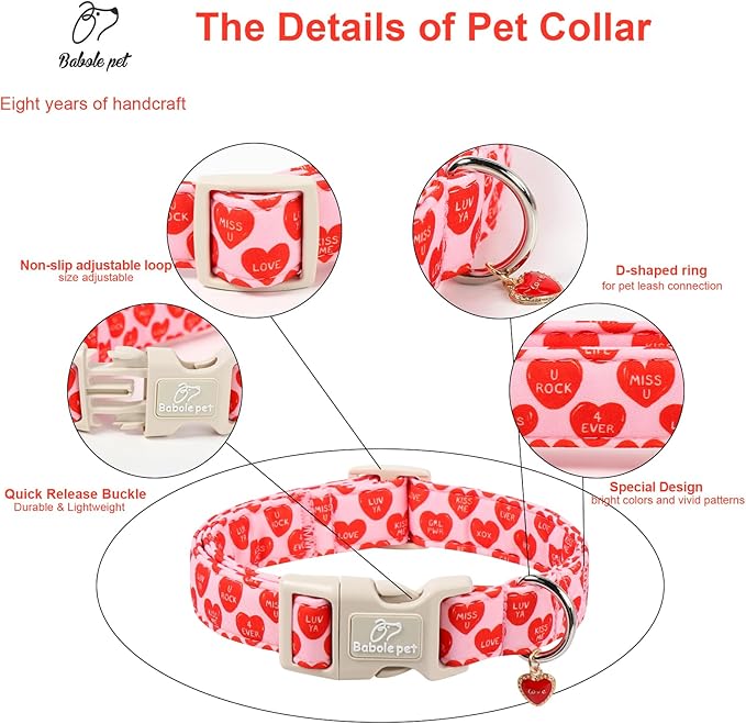 Valentines Dog Collar for Small Dogs - Valentine Red Conversation Hearts Dog Collars, Love Boy Girl Dogs Collars, Lightweight Adjustable Cute Puppy Collar with Quick-Release Buckle XS
