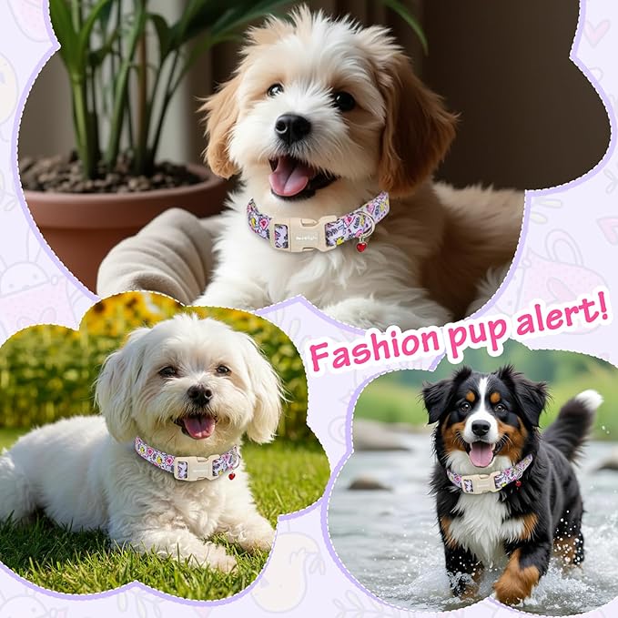 Easter Dog Collar for Large Dogs, Easter & Spring Theme Large Dog Collar with Cute Chick & Bunny Pattern, Adjustable Purple Easter Dog Collars Girl Boy Collar for Dogs -L