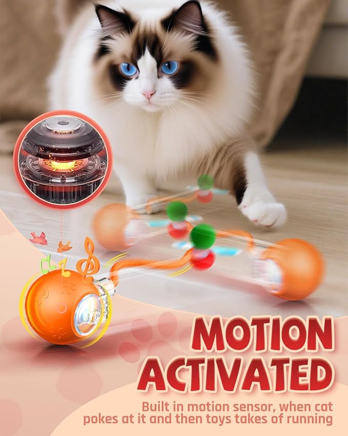 Interactive Cat Toys for Indoor Cats, 2025 Upgraded 360° Anti-chew Safe Material Moving Cat Ball with Tail, Interactive Cat Toys for Bored Indoor Adult Cats to Keep Them Busy (Orange, 2.2in)