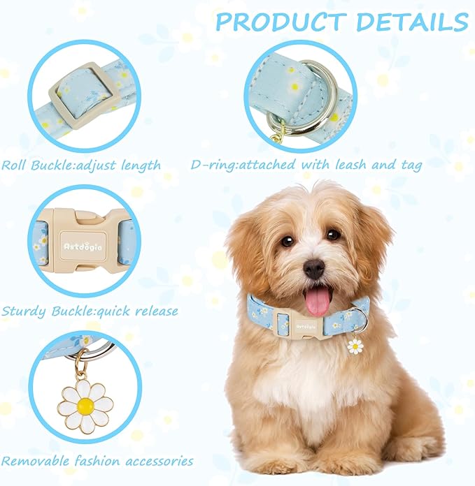 Dog Collar for Small Medium Large Dogs, Spring Blue Dog Collars with White Flowers, Adjustable Cotton Dog Collars, Cute Girl or Boy Dog Collar Ideal for Gifts,Pet Accessory,XS