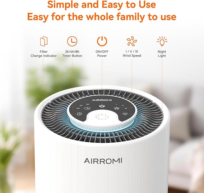 AIRROMI Air Purifier for Bedroom with HEPA 3-in-1 Filter, Pet Air Purifier for Home Cat Pee Smell, Covers Upto 990 Ft², Quiet 360° intake Air Cleaner for pet hair,allergies,Dust,Smoke A2001 White